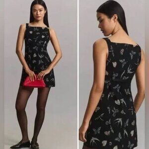 Anthropologie Maeve Black Novelty Print Boatneck Belted A-line Dress